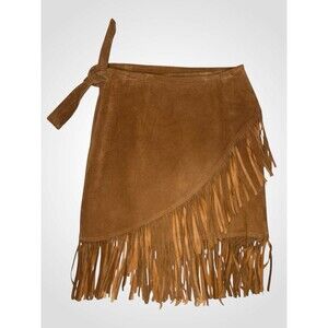 Cedars Western Leather Wrap Skirt Size LG Brown Suede Fringe Lined Rodeo Cowgirl